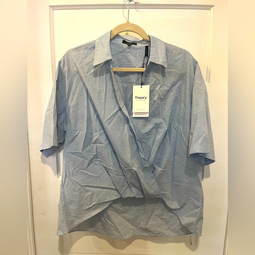 Theory NWT Grey-Blue Chambray Twist Shirt